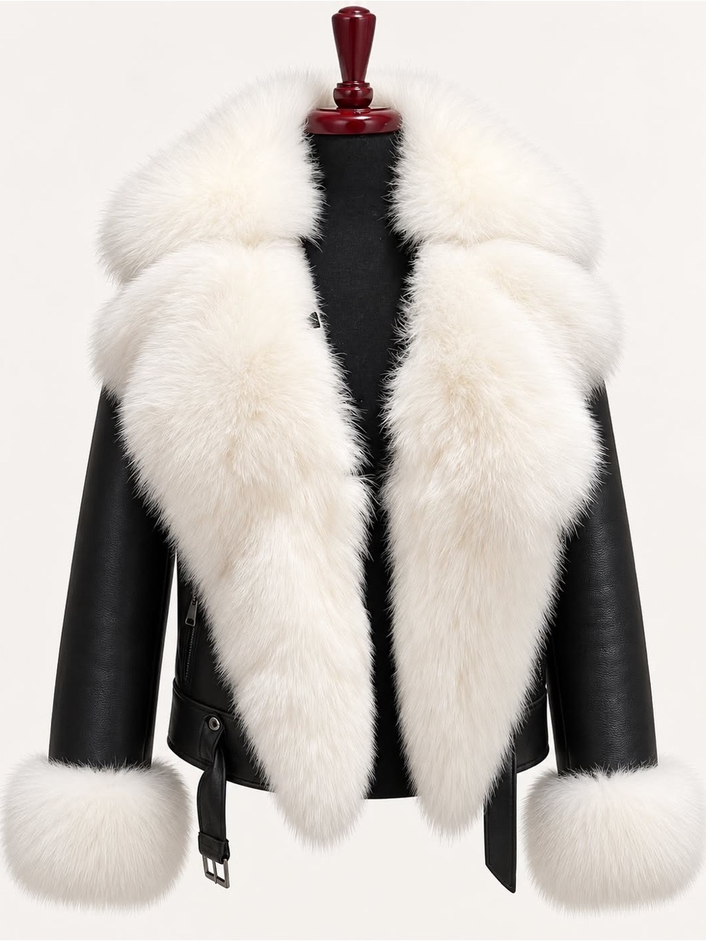 Women’s Black Shearling Jacket White Fur Collar Cuffs Belted Leather Coat